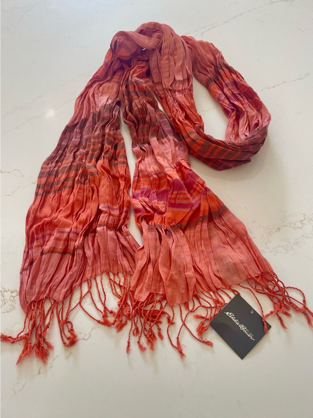 Eddie Bauer Coral, Burnt Orange and Maroon Striped 100% Cotton Lightweight Scarf